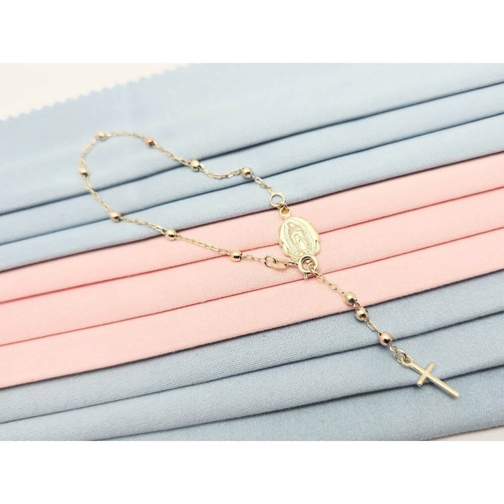 Unique 14K Yellow Gold Rosary Bead Ball Resizable Link Chain Bracelet 8" Length